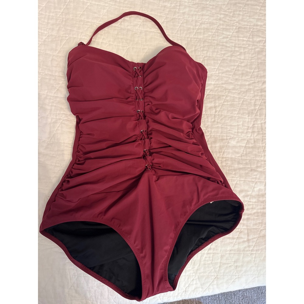 Profile by Gottex Ruched One Piece Swimsuit Red Laced Halter Size 10